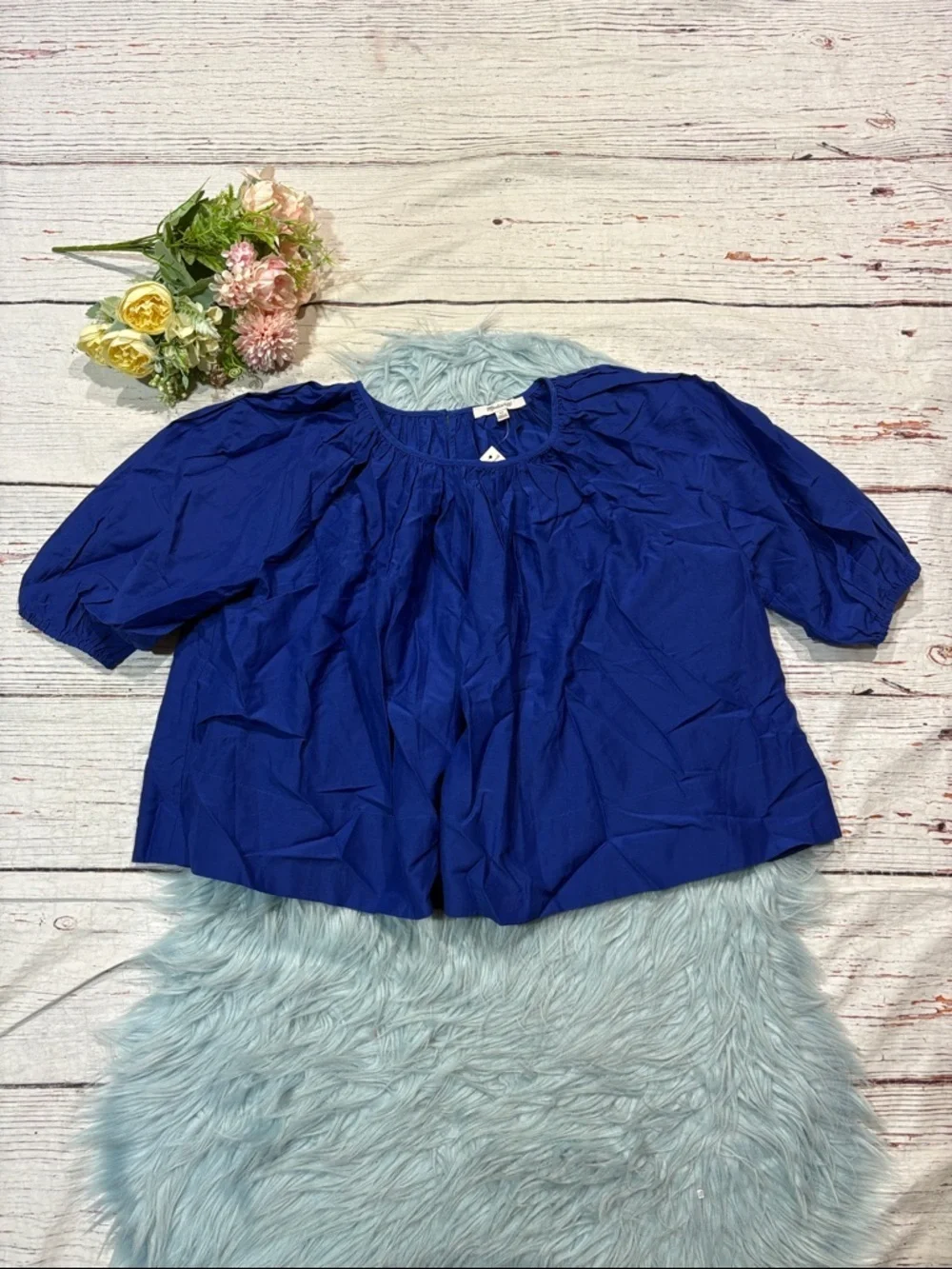 NWT Madewell Bright Blue Shirred Puff-Sleeve Cotton Silk Blend Top